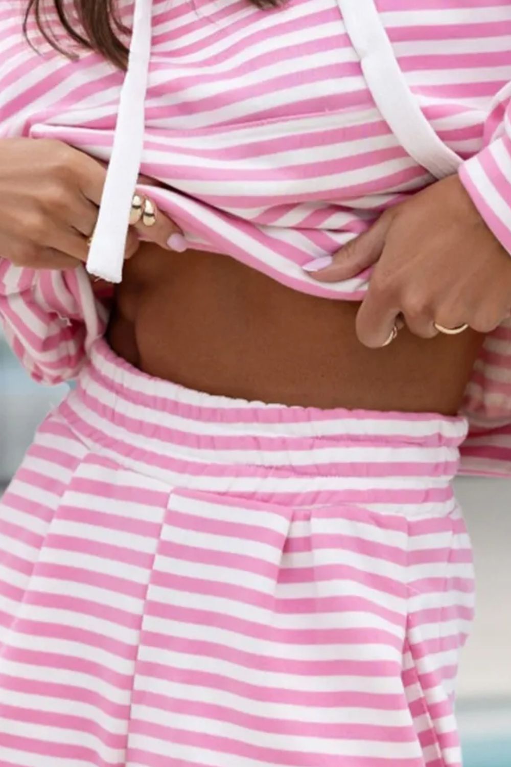 Drawstring Striped Hooded Top and Shorts Set-SMALL-XL