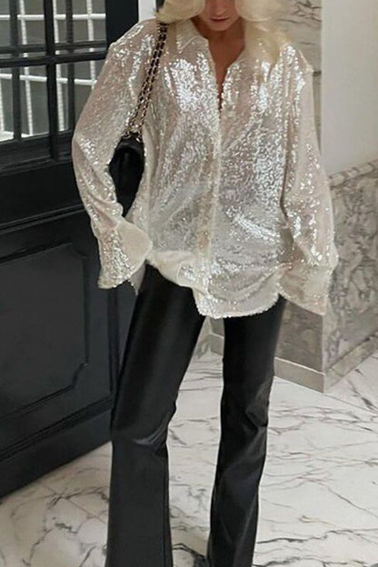 Sequin Button Up Long Sleeve Shirt (black/white/cream)-SMALL-2XL