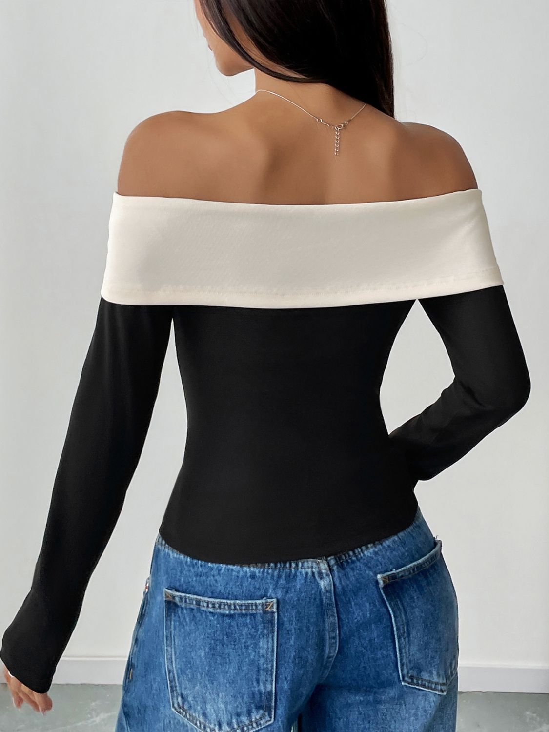 Bow Contrast Off-Shoulder Long Sleeve Top-SMALL-XL