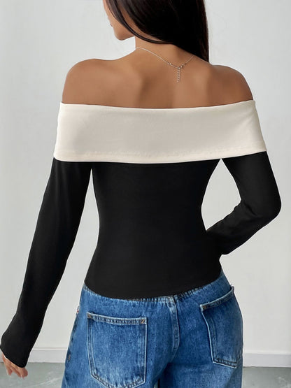 Bow Contrast Off-Shoulder Long Sleeve Top-SMALL-XL