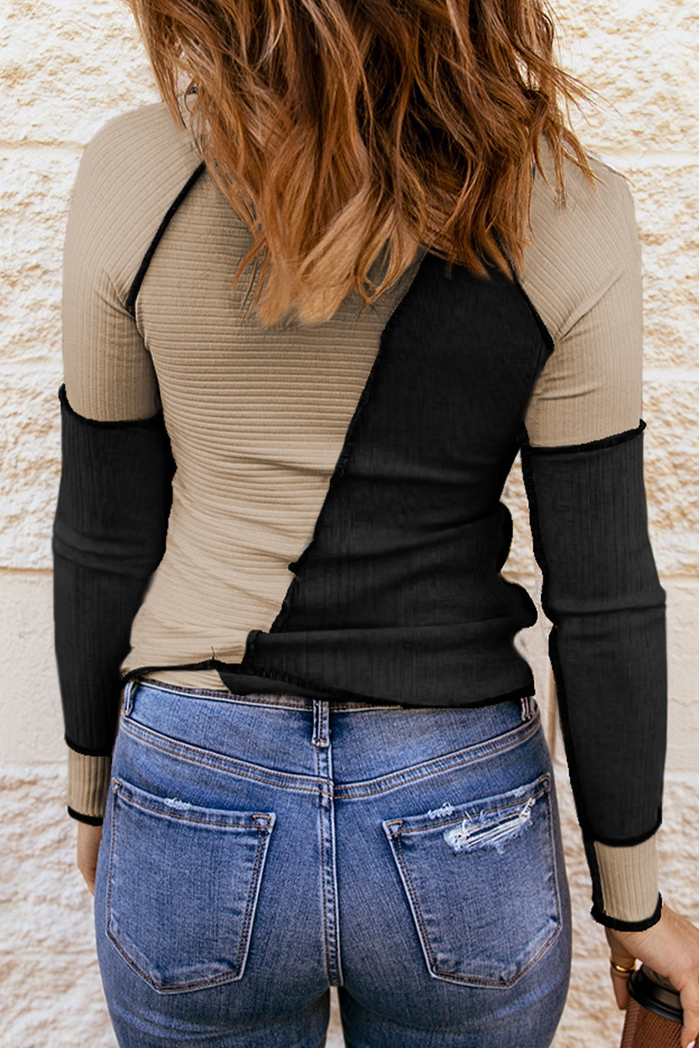 Color Block Round Neck Long Sleeve Blouse (brown/grey/white/kaki/burgundy/blue/green)-S-XL