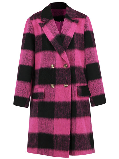 Plaid Double-Breasted Long Sleeve Coat (black/hot pink)-SMALL-XL