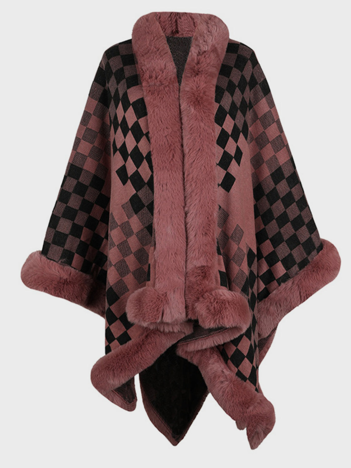Fuzzy Checkered Long Sleeve Poncho (beige/tan/pink/navy/black)