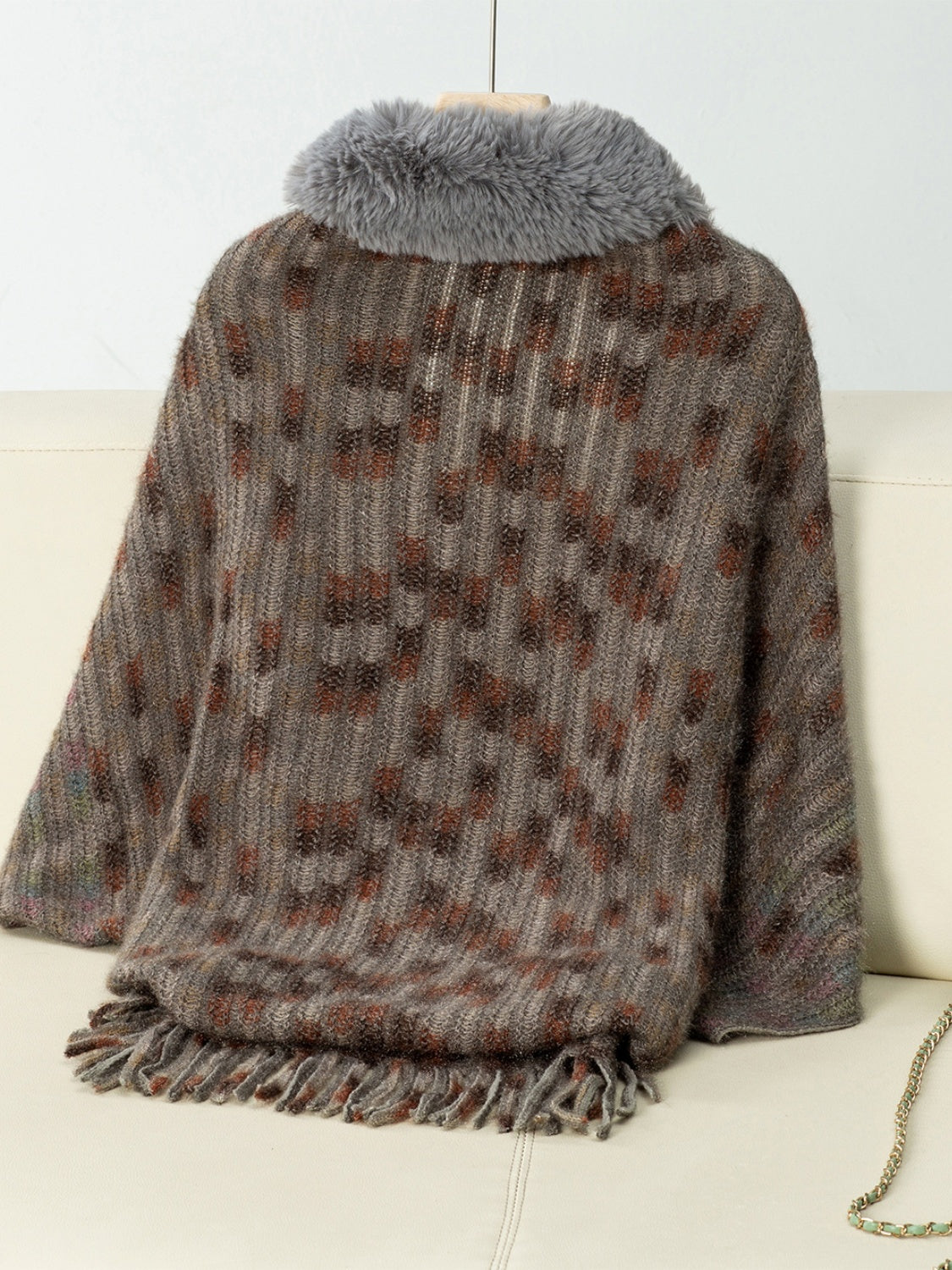Fringe Fuzzy Open Front Poncho (cream/pink/brown/blue/khaki) ONE SIZE