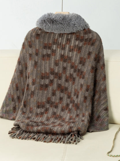 Fringe Fuzzy Open Front Poncho (cream/pink/brown/blue/khaki) ONE SIZE