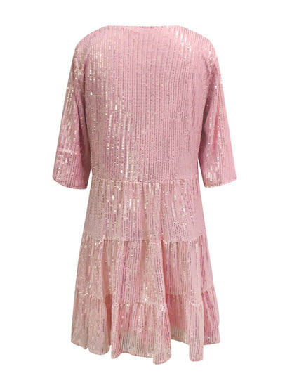 Full Size Sequin Round Neck Half Sleeve Mini Dress-SMALL-3XL (Many colors)