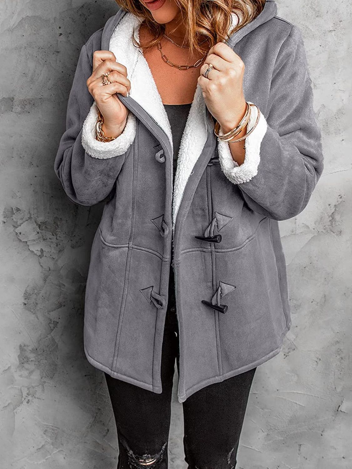 Full Size Pocketed Long Sleeve Hooded Toggle Jacket (many colors) -*SMALL-5XL