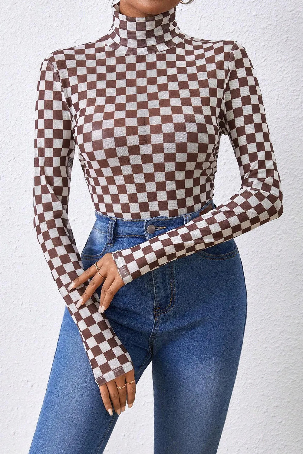 Checkered Turtleneck Long Sleeve Bodysuit (black/dark brown)-SMALL-XL