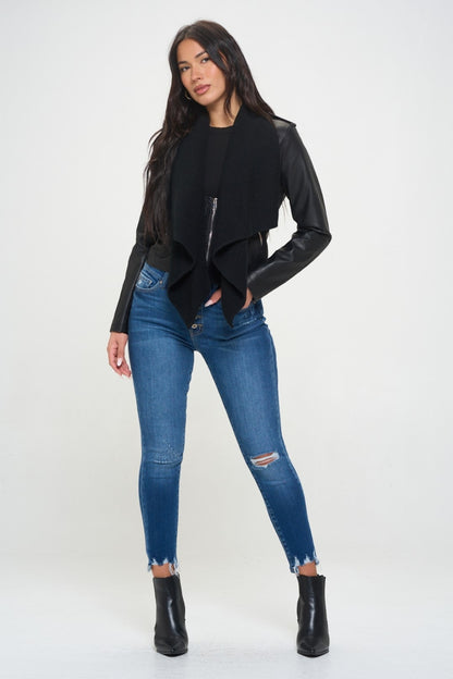 Knit Collared Vegan Leather Crop Jacket-SMALL-XL