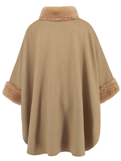 Fuzzy Trim Long Sleeve Poncho (tan/grey/black)