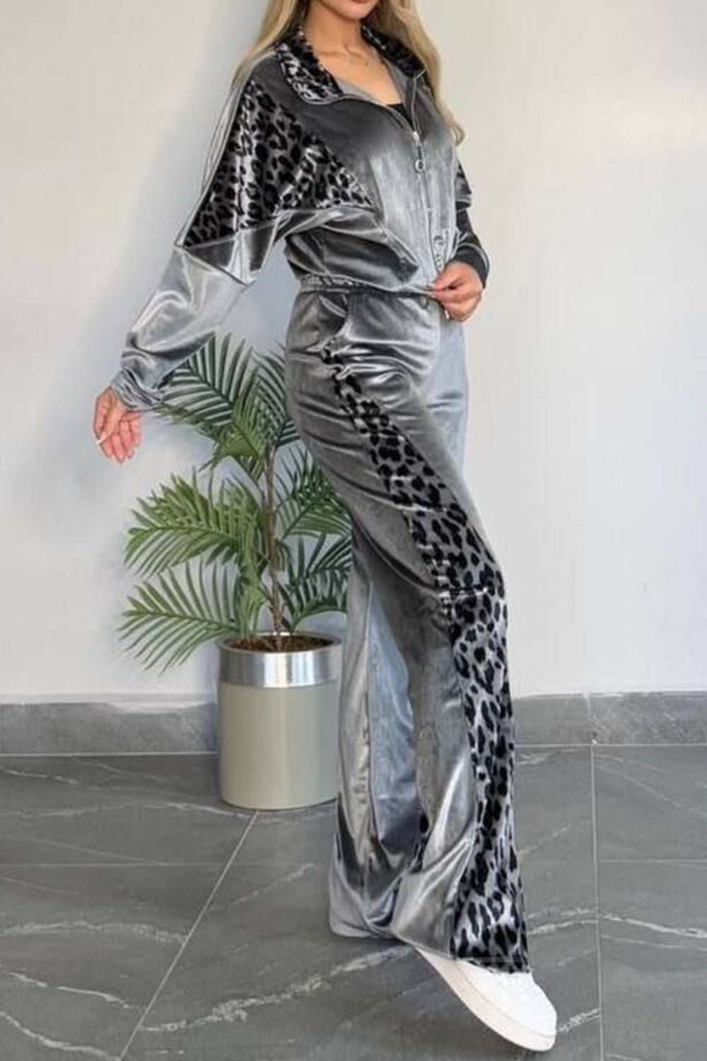 Full Size Collared Neck Leopard Zip Up Top and Pants Set Plus Size (grey/black/camel)-SMALL-3XL
