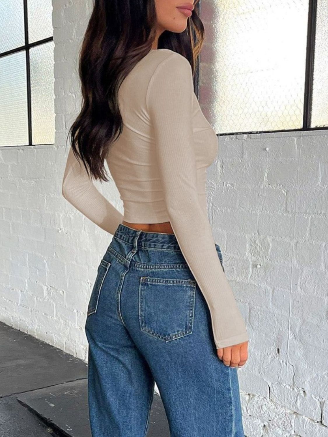 Buttoned V-Neck Long Sleeve T-Shirt-SMALL-XL (khaki/black/gray/burgundy/white/gray)-S-XL