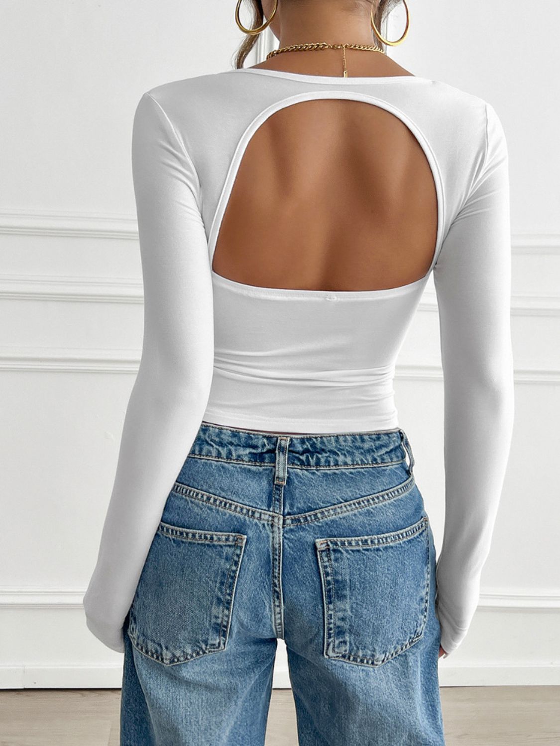Devine Cutout Square Neck Long Sleeve T-Shirt(-(white/tan/black/pink)-SMALL-XL