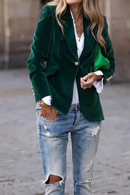 Velvet Lapel Collar One Button Blazer-SMALL-2XL