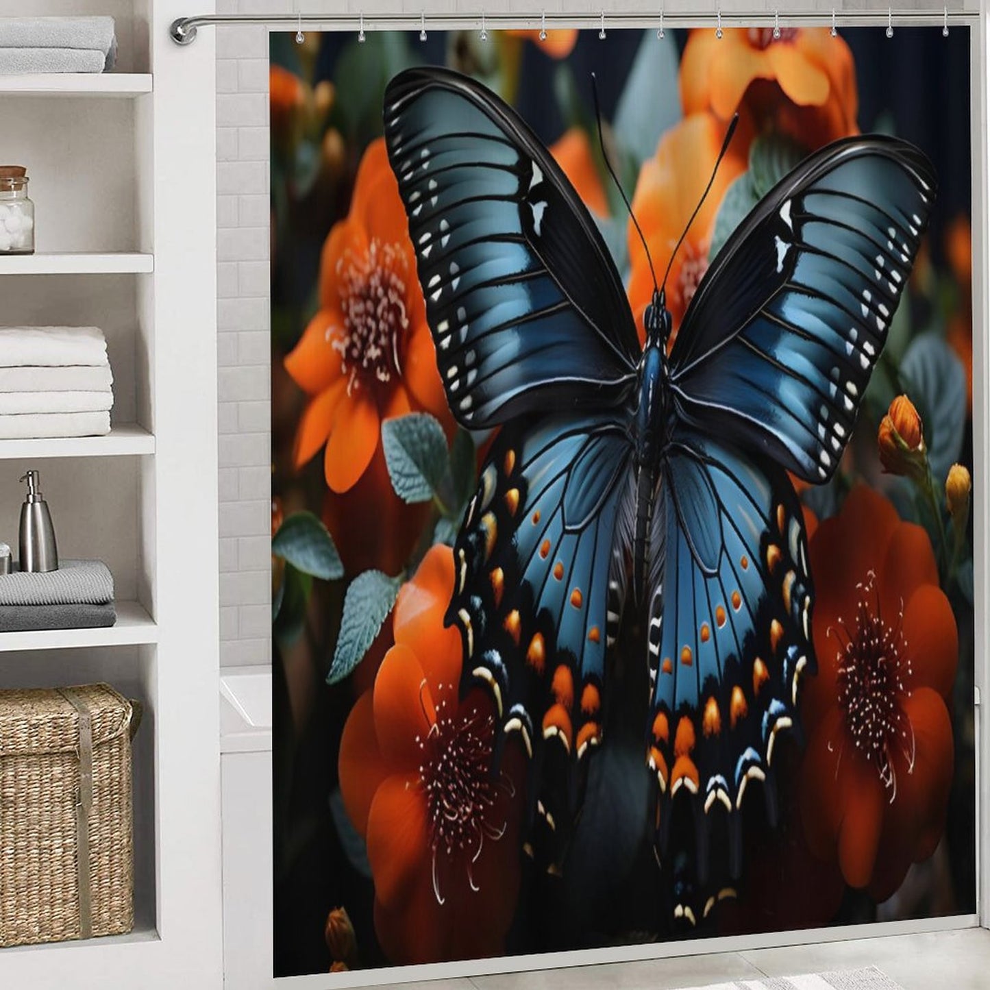 Shower Curtain Set with 3 Rugs-BLUE BUTTERFLY
