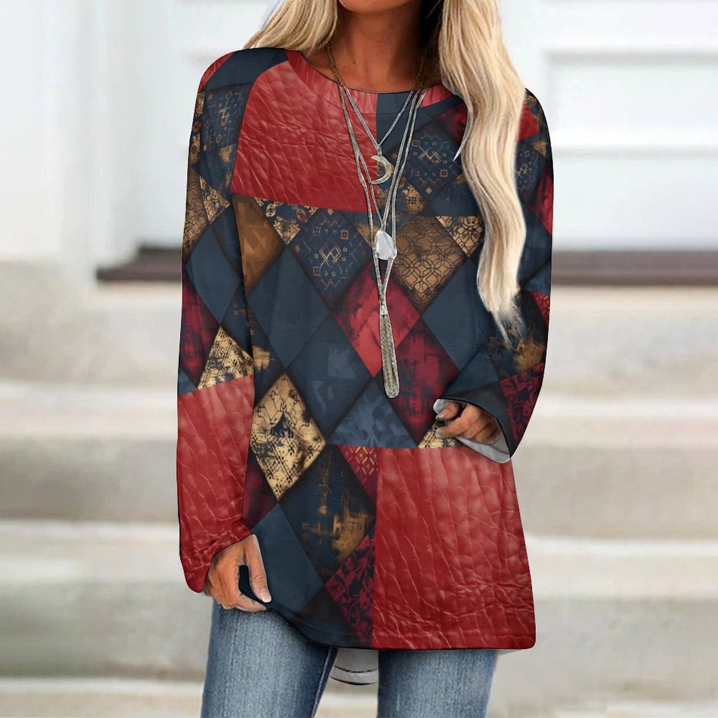 TRIANGLES & LEATHER Women's Long Sleeve Round Neck T-Shirt-SMALL-5XL