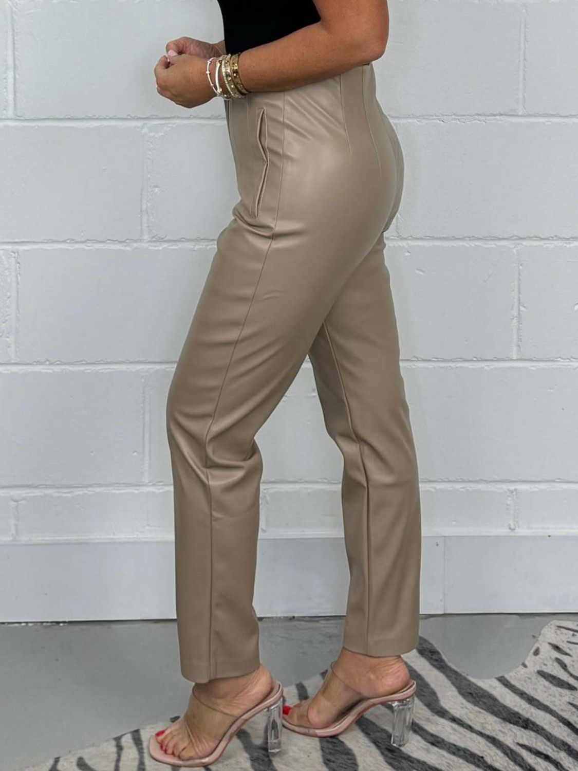 PU Leather Full Size High Waist Straight Pants Plus Size (mocha and black)-SMALL-3XL