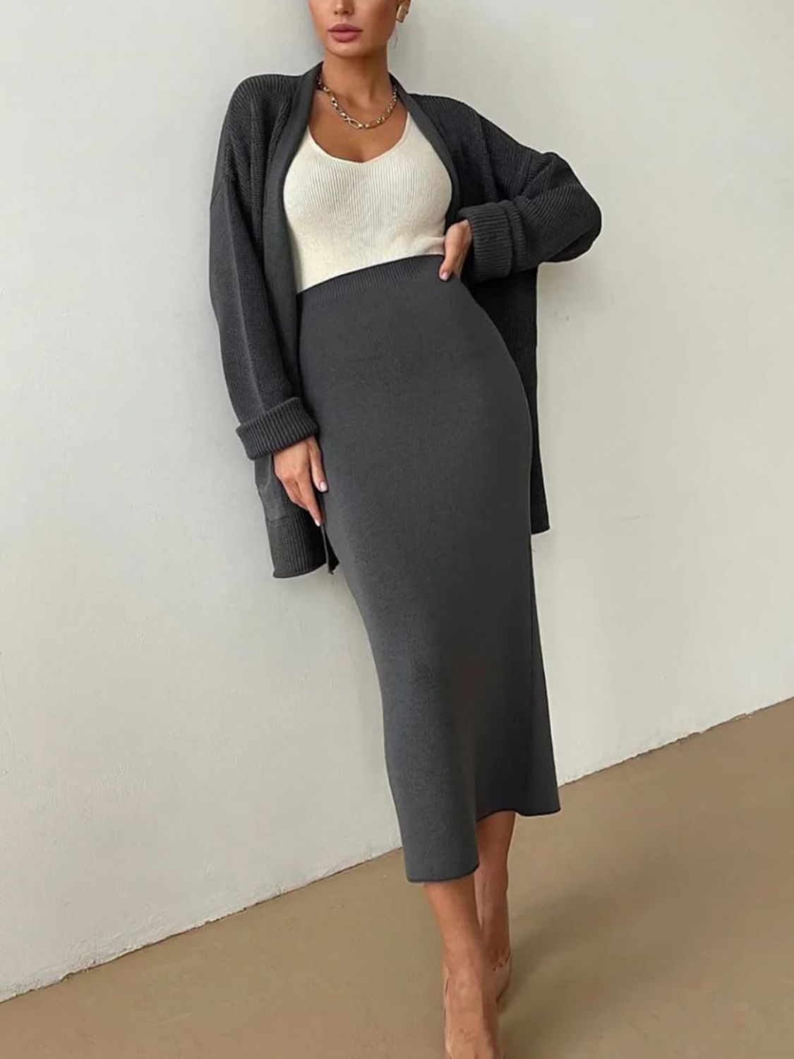 Pocketed Long Sleeve Cardigan and Skirt Sweater Set (cream/camel/lt. green/grey/black) ONE SIZE