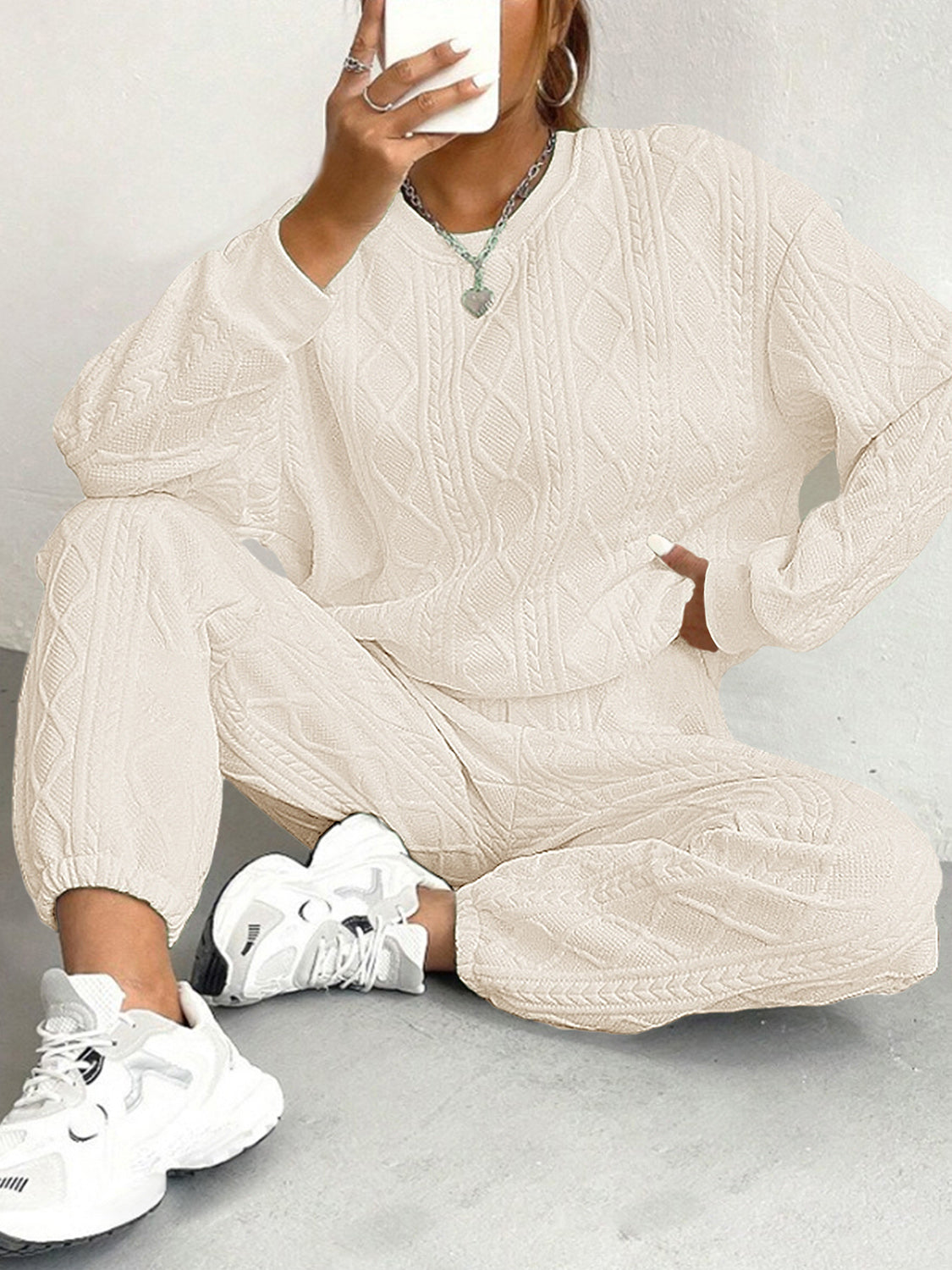 Texture Round Neck Top and Pants Set (white/black/pink/beige/green)-SMALL-2XL