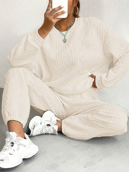 Texture Round Neck Top and Pants Set (white/black/pink/beige/green)-SMALL-2XL