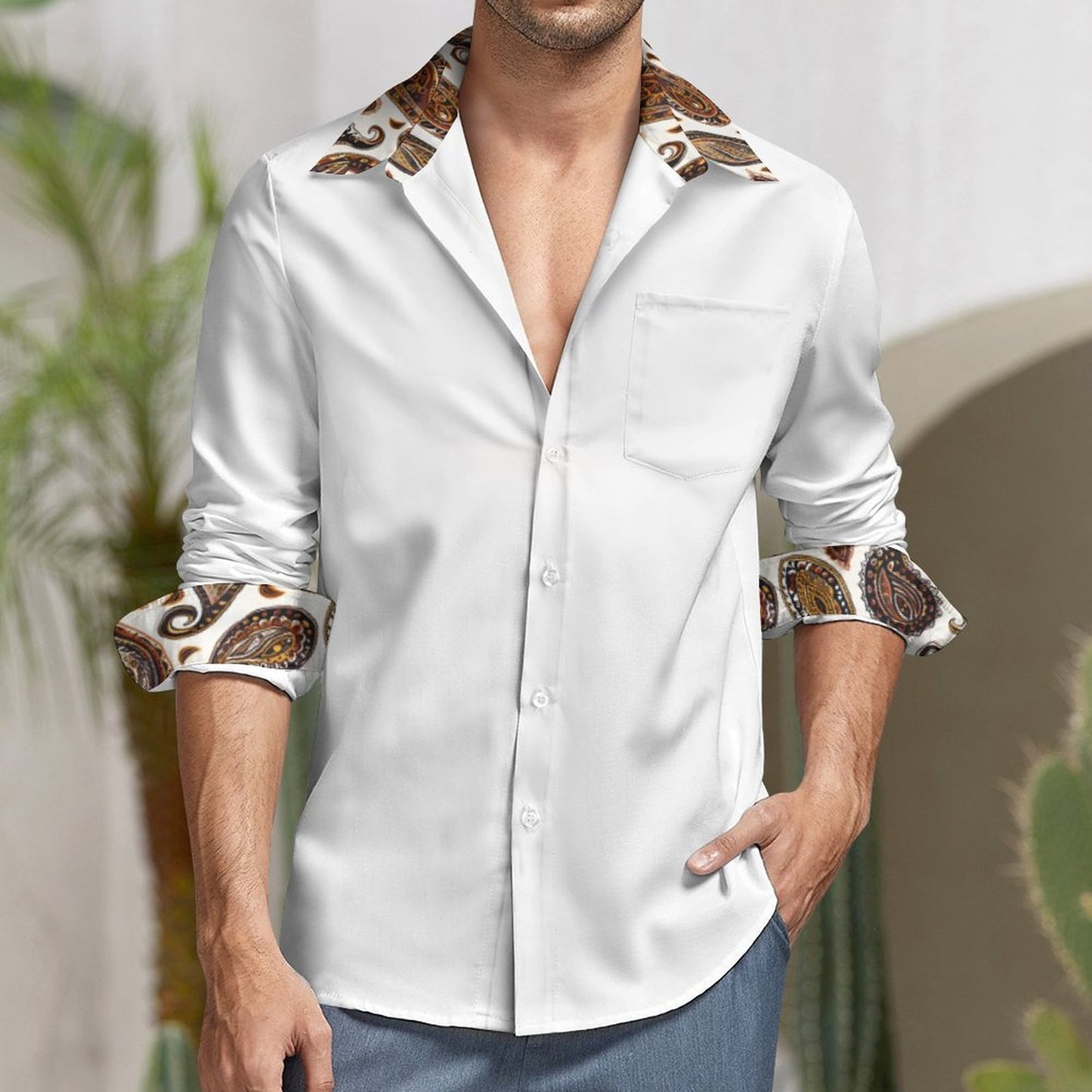 ORANGE PAISLEY Men's Long Sleeve Shirt with Pocket-*XS-6XL