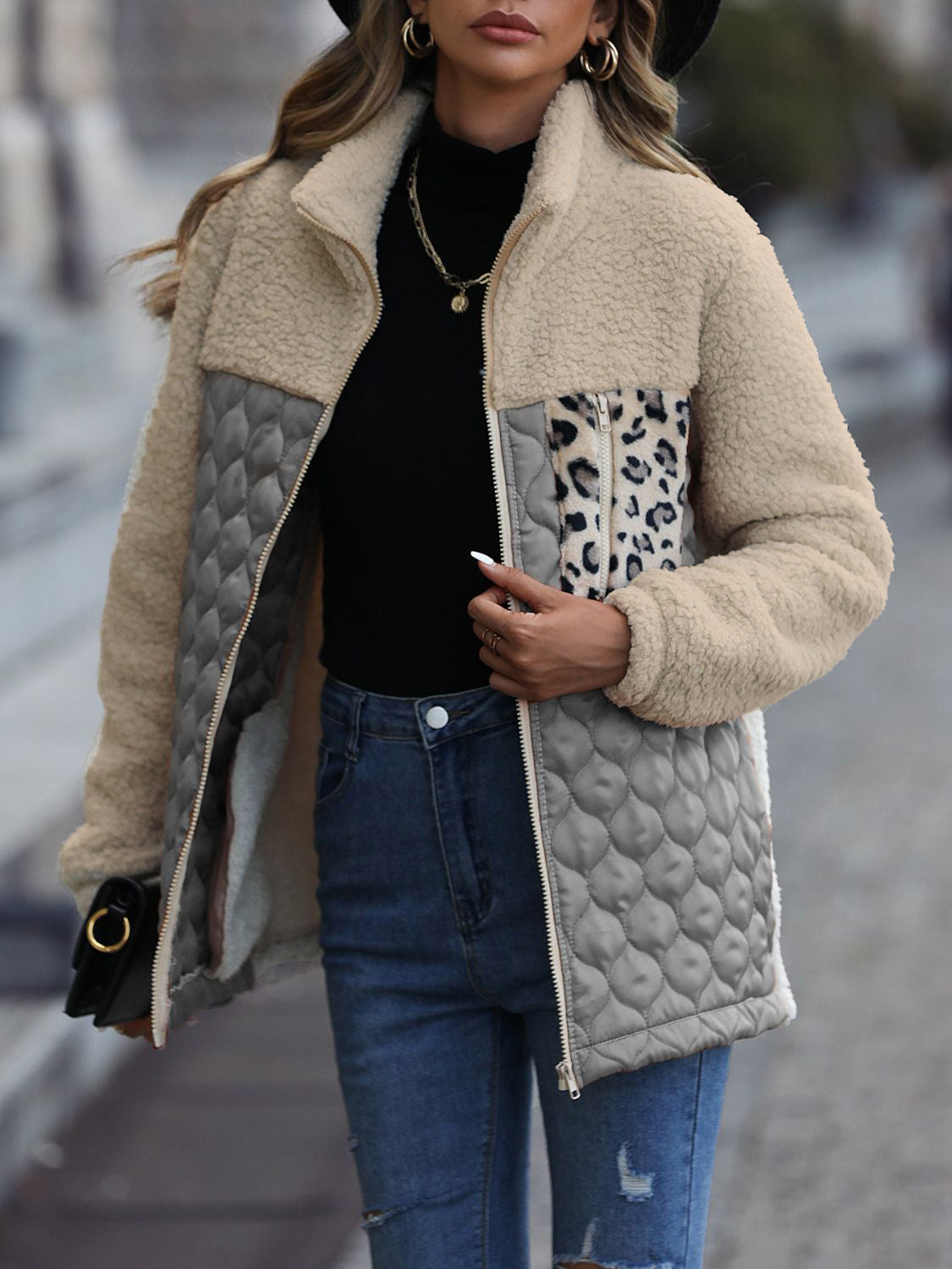 Leopard Color Block Zip-Up Jacket (caramel/green/burgundy/black/gray/orange-red-SMALL-XL