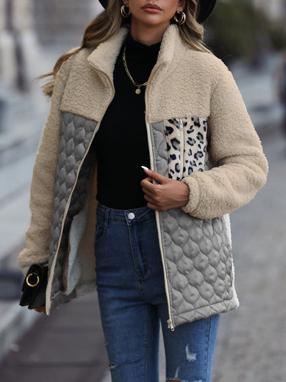 Leopard Color Block Zip-Up Jacket (caramel/green/burgundy/black/gray/orange-red-SMALL-XL