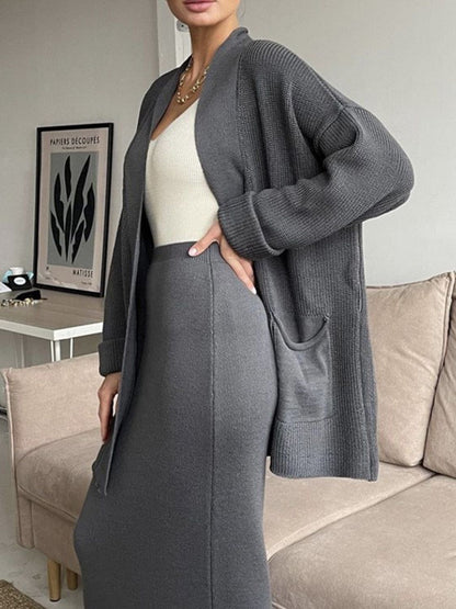 Pocketed Long Sleeve Cardigan and Skirt Sweater Set (cream/camel/lt. green/grey/black) ONE SIZE