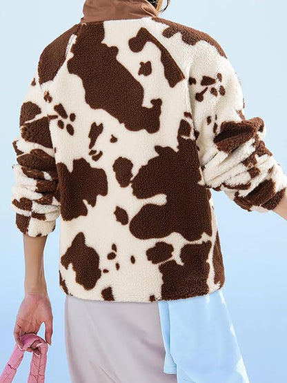 Pocketed Half Snap Sherpa Jacket (2 STYLES: cow print/blue stripe)-S-XL
