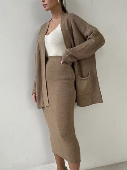 Pocketed Long Sleeve Cardigan and Skirt Sweater Set (cream/camel/lt. green/grey/black) ONE SIZE