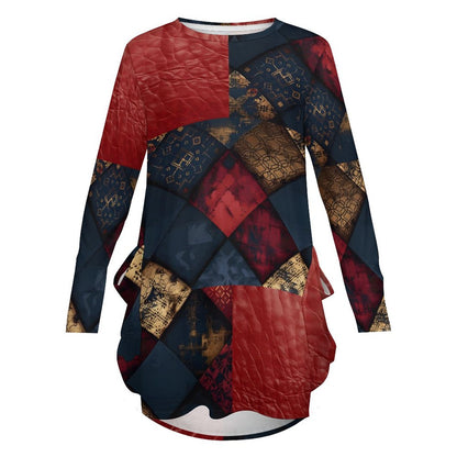 TRIANGLES & LEATHER Loose Long-sleeve Dress with Pockets-SMALL-5XL