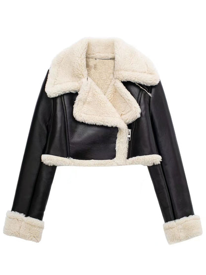Collared Neck Long Sleeve Plush Cropped Leather Jacket (chocolate & white/black & white/mustard & white/black & reddish brown/brown & reddish brown/coffee brown/burgundy)-SMALL-LARGE