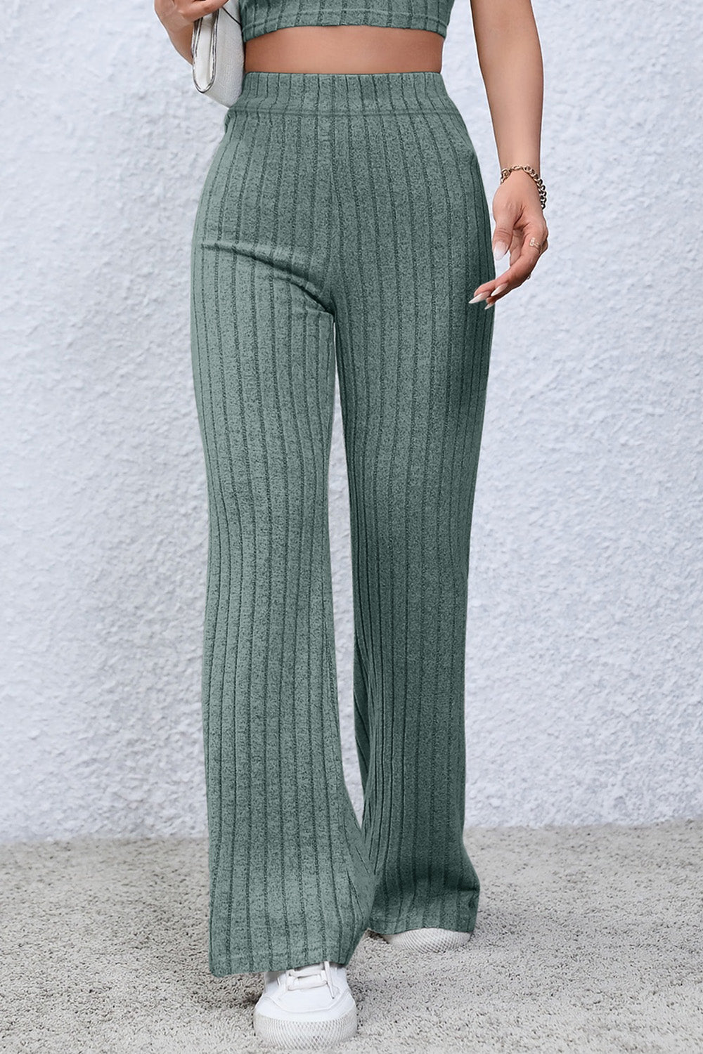 0N SALE:::Full Size Ribbed High Waist Flare Pants (black/blue/teal/grey)-SMALL-3XL