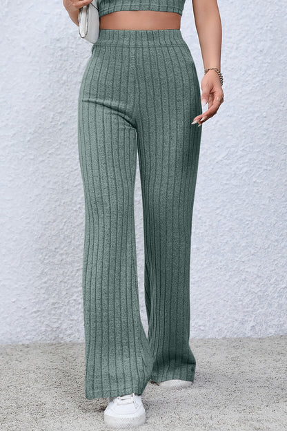 0N SALE:::Full Size Ribbed High Waist Flare Pants (black/blue/teal/grey)-SMALL-3XL