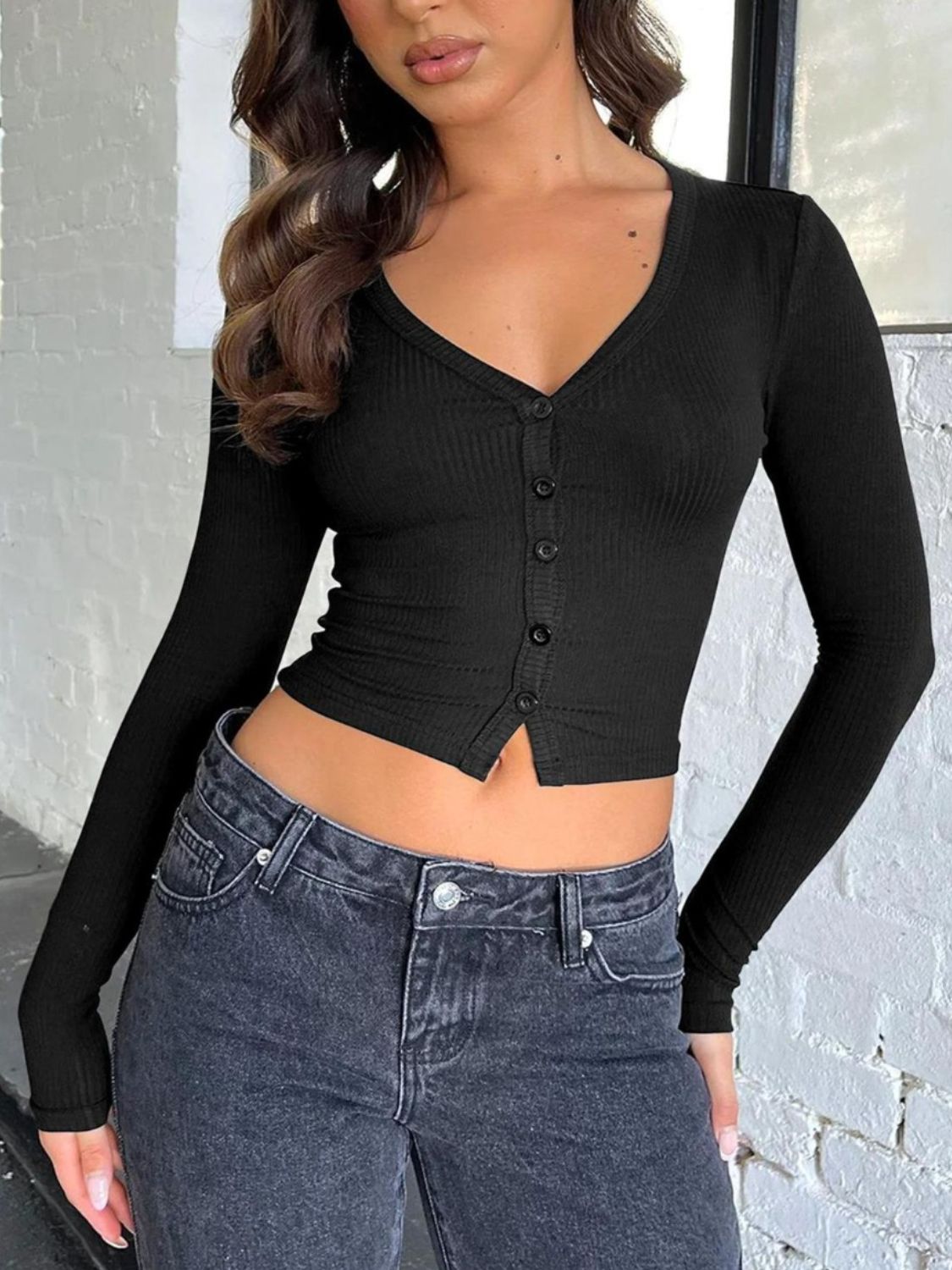 Buttoned V-Neck Long Sleeve T-Shirt-SMALL-XL (khaki/black/gray/burgundy/white/gray)-S-XL