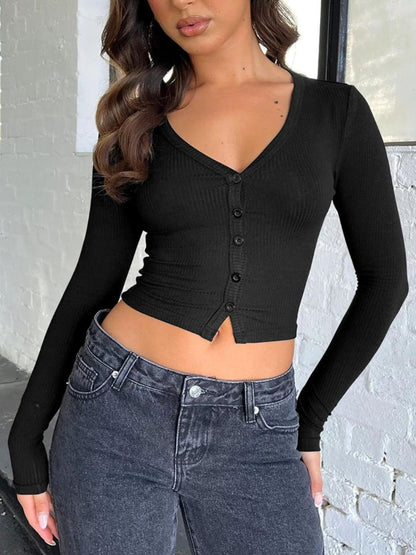 Buttoned V-Neck Long Sleeve T-Shirt-SMALL-XL (khaki/black/gray/burgundy/white/gray)-S-XL