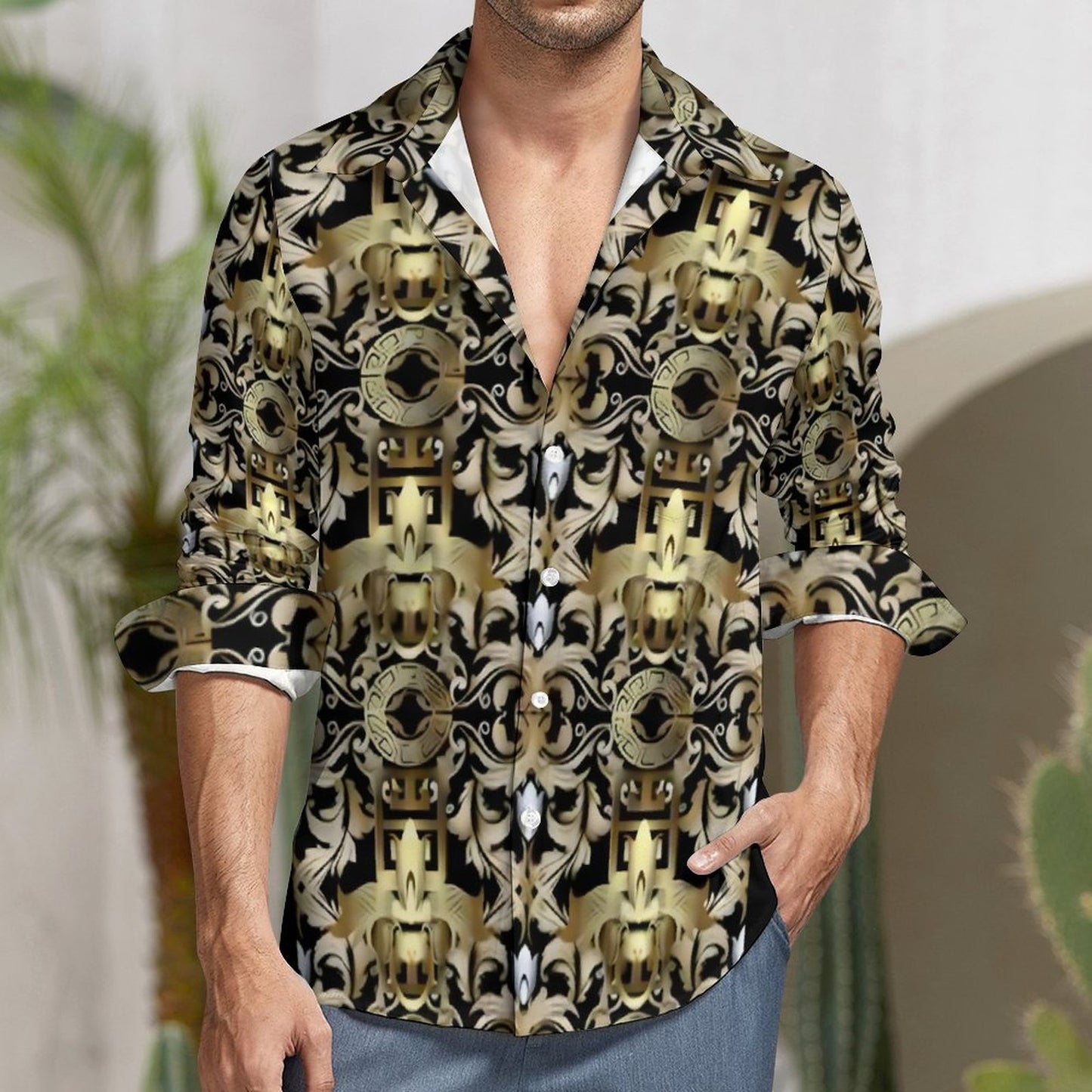 Faux Linen Men Long Sleeve Shirt with Pocket(All-Over Printing)