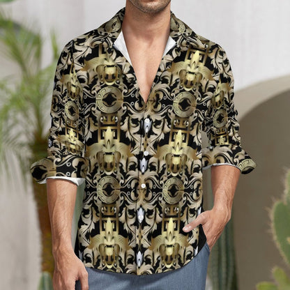 Faux Linen Men Long Sleeve Shirt with Pocket(All-Over Printing)