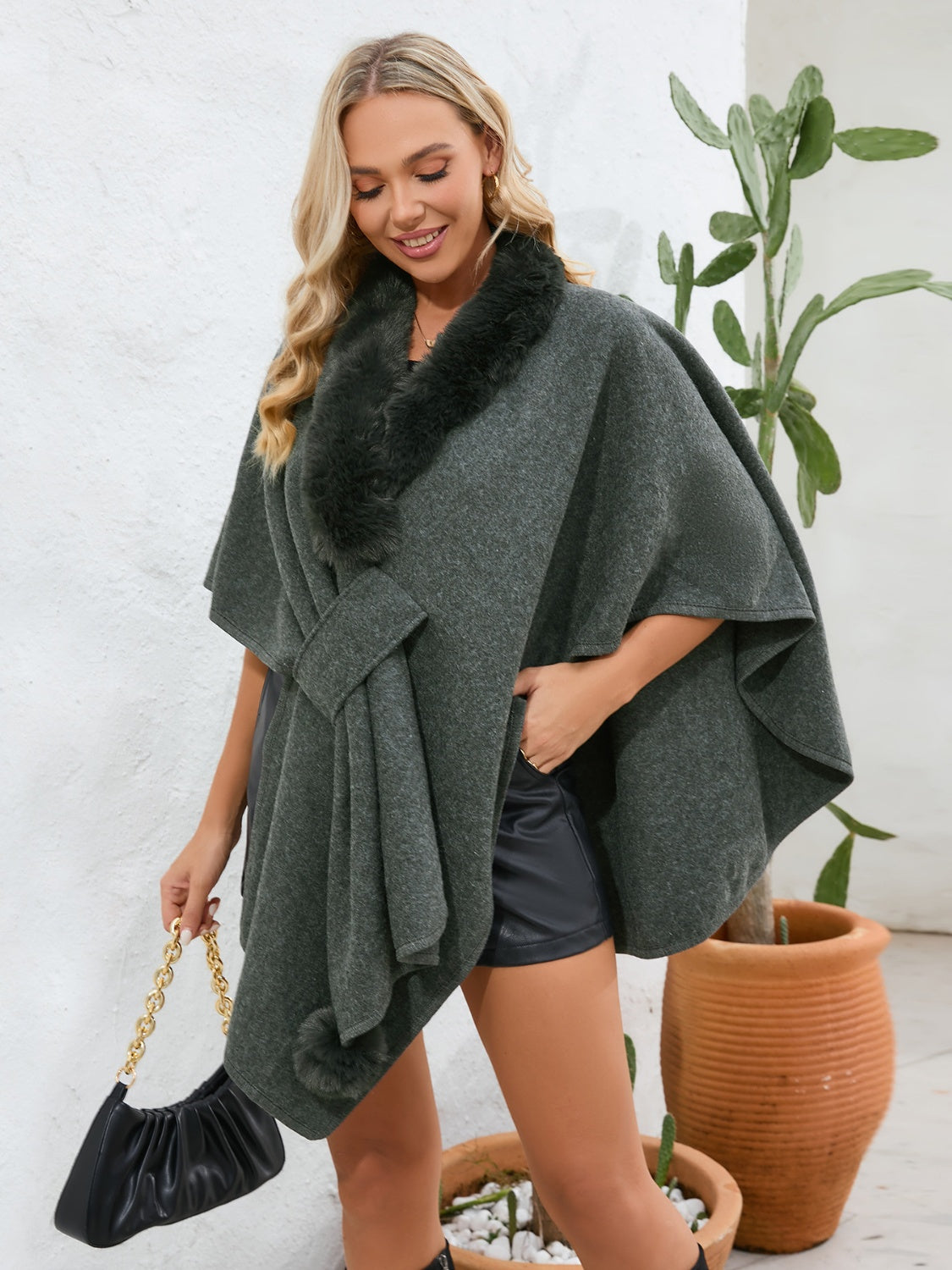 Fuzzy Trim Open Front Poncho (grey/black/green/cream/mocha/camel)