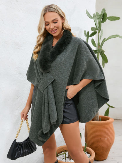 Fuzzy Trim Open Front Poncho (grey/black/green/cream/mocha/camel)