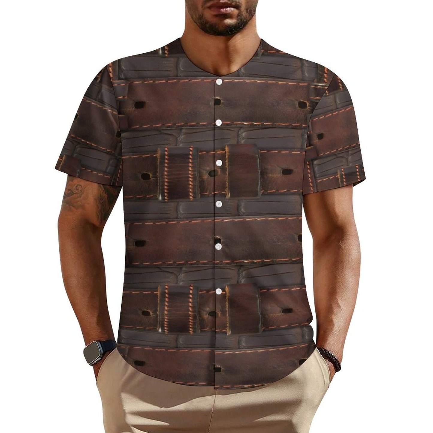 RUGGED LEATHER BUCKLE Print Collarless Shirt-XS-4XL