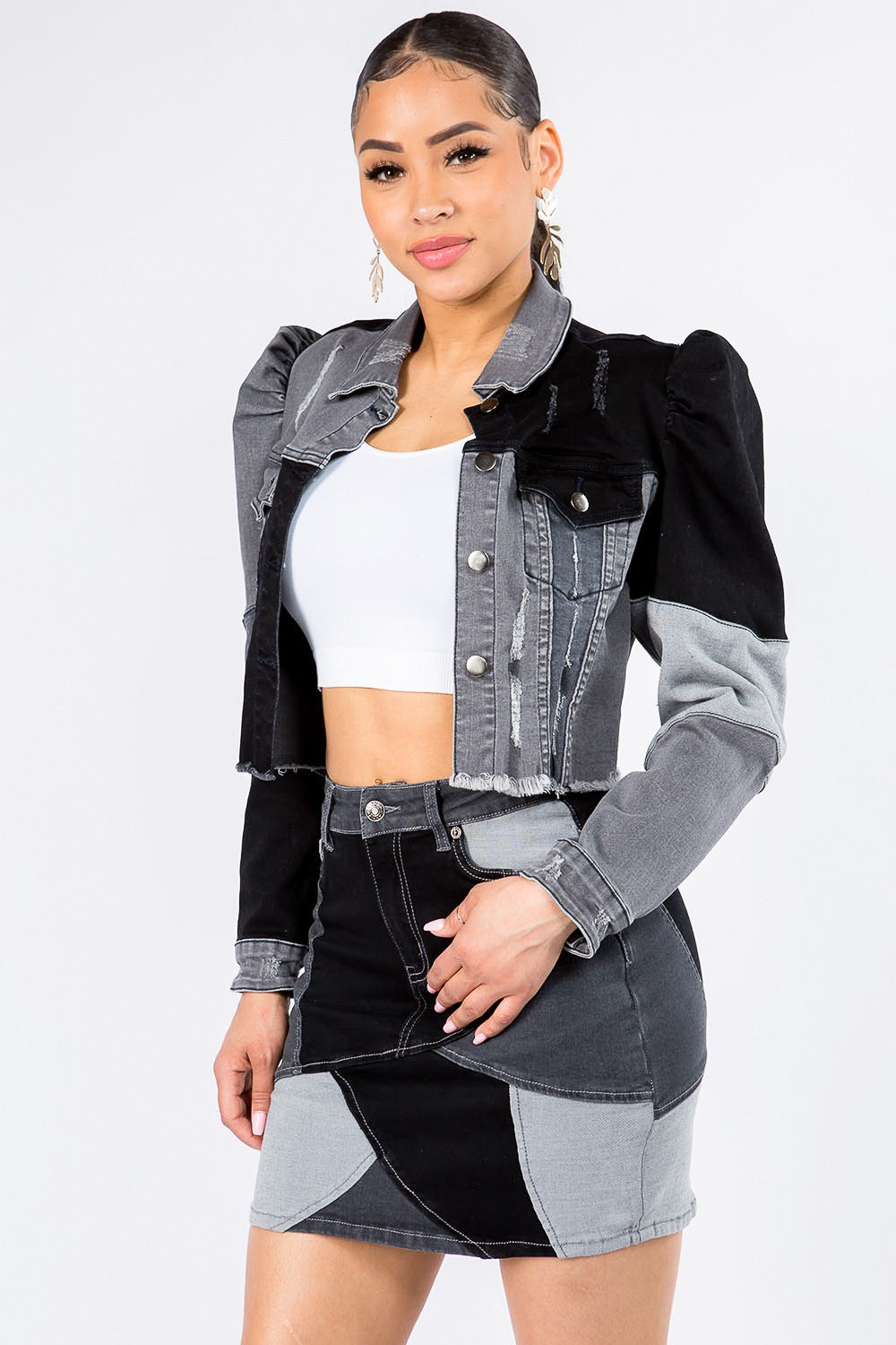 American Bazi Button Up Cropped Patchwork Denim Jacket-SMALL-LARGE