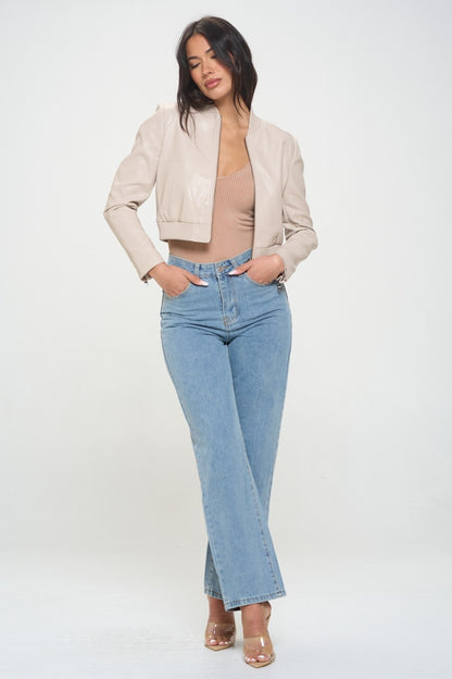 Coalition LA Zip Up Cropped Bomber Vegan Leather Jacket-S-XL