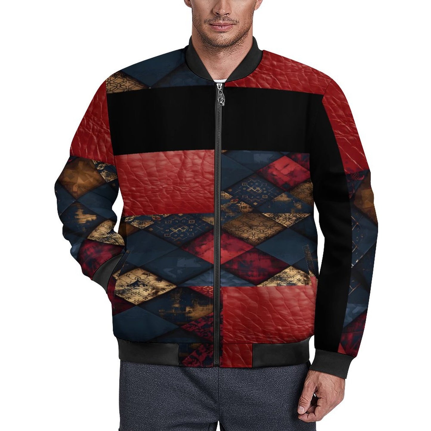 TRIANGLES & LEATHER Zipper Bomber Jacket-SMALL-5XL