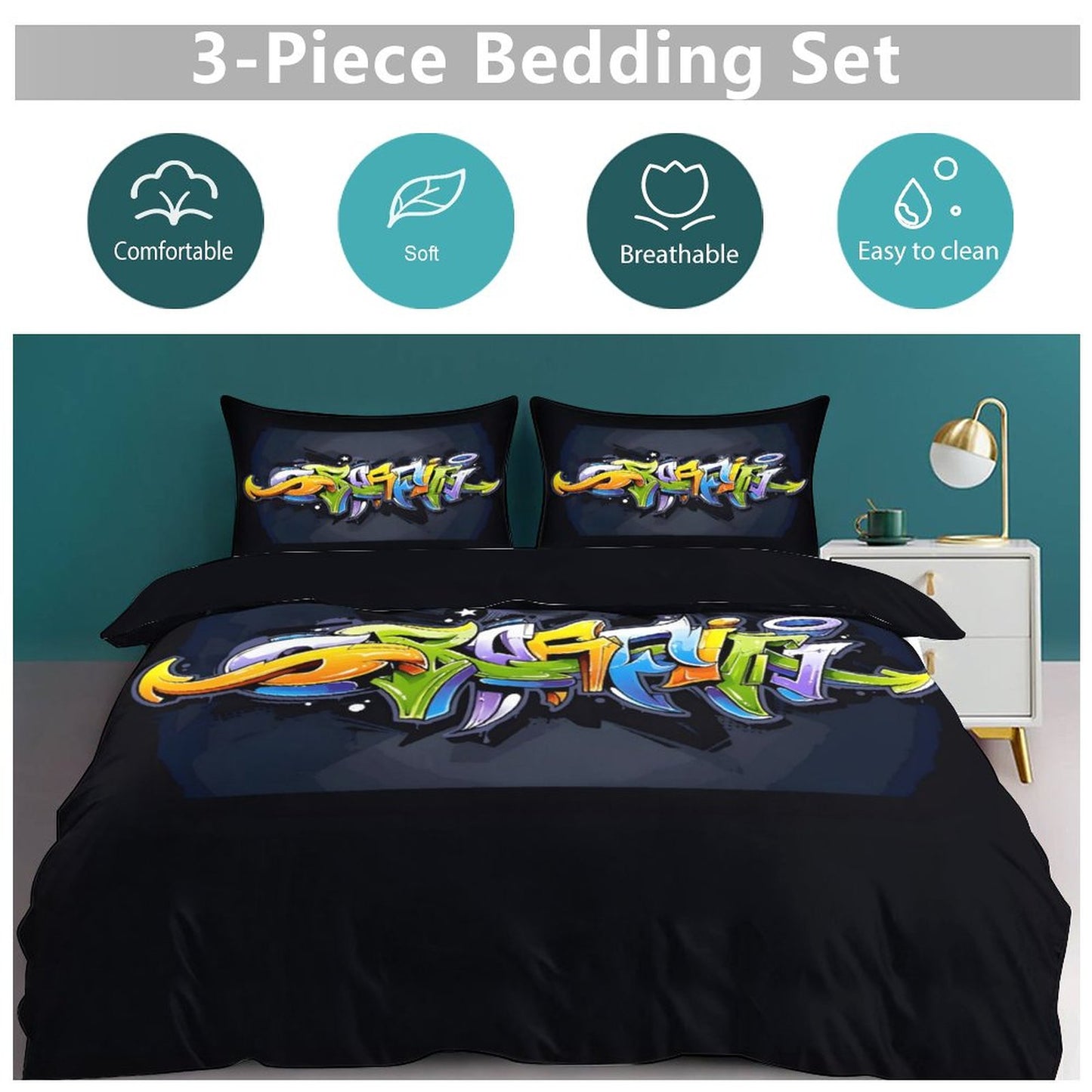 COLORFUL GRAFFITI 3-Piece Bedding Set-90"x90"/ 229x229cm-QUEEN SIZE or FULL SIZE (Dual-sided Image)