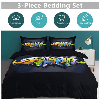 COLORFUL GRAFFITI 3-Piece Bedding Set-90"x90"/ 229x229cm-QUEEN SIZE or FULL SIZE (Dual-sided Image)