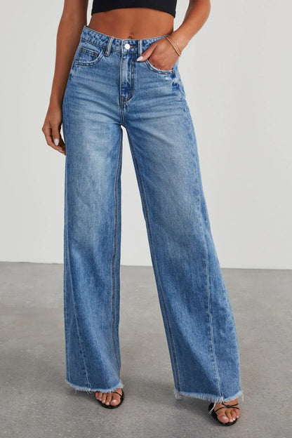Raw Hem Wide Leg Jeans with Pockets-SMALL-XL