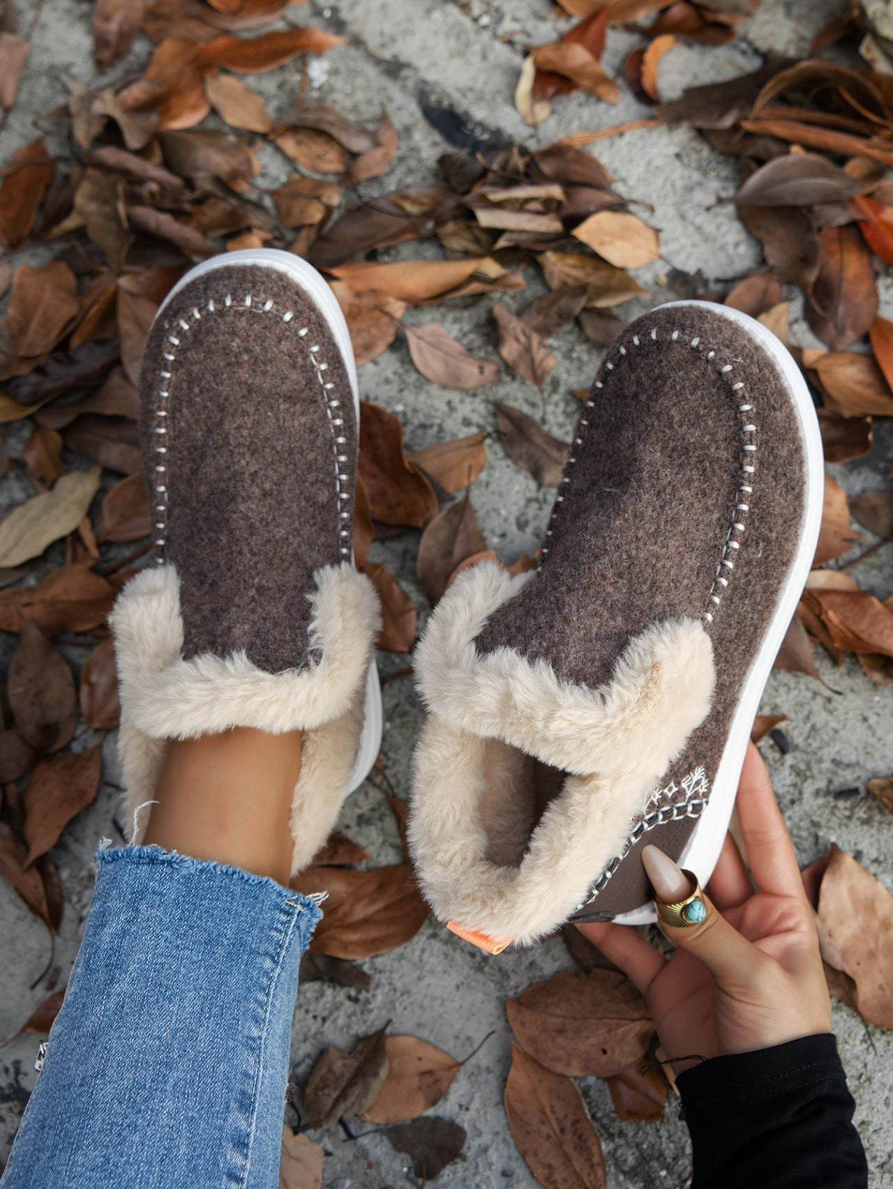 Furry Suede Round Toe Flat slip on boots (navy/chocolate/black/gray/beige)