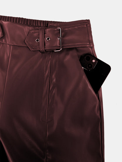 Pu Leather Half Elastic Waist Wide Leg Pants (moss/burgundy/black)-SMALL-2XL