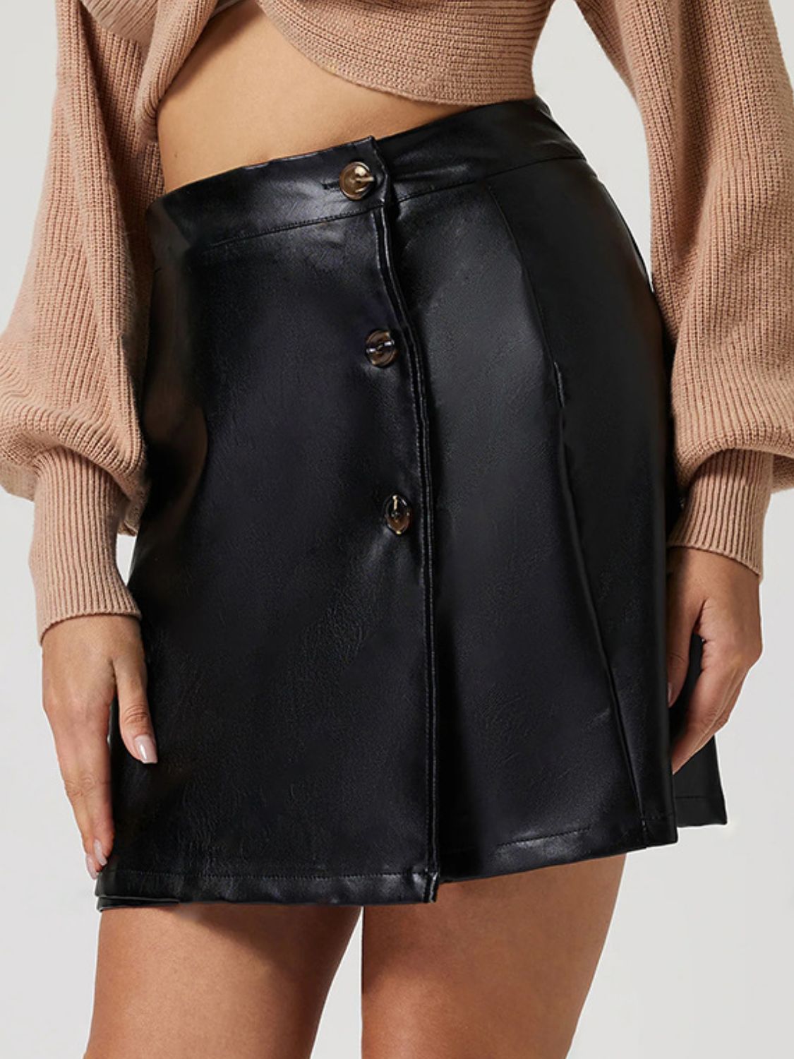 PU Leather Buttoned High Rise Mini Skirt (black/burgundy)-S-XL